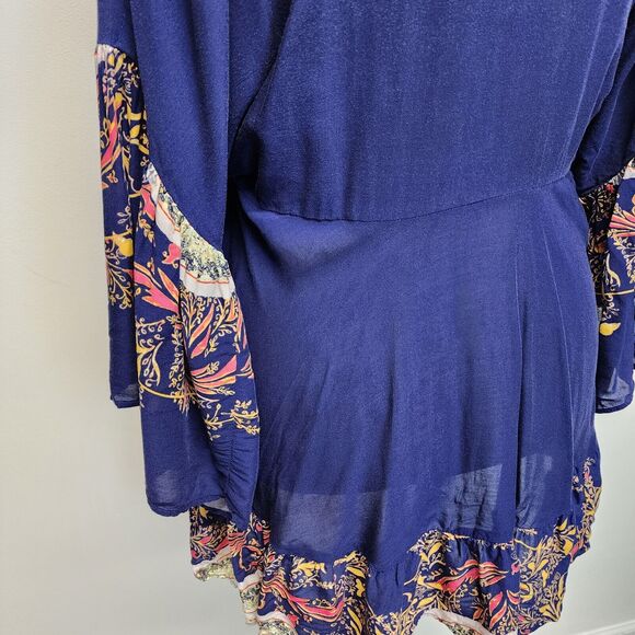 Free People Bohemian Tunic Top Size S V-Neck High Low Flare Sleeve Sunset Dreams - Picture 9 of 16